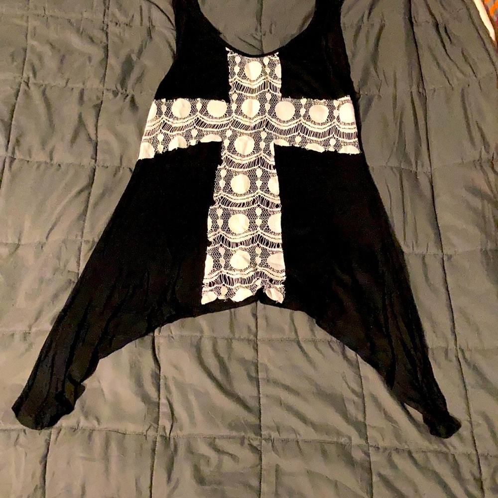 Black jersey tank top with white lace cross
